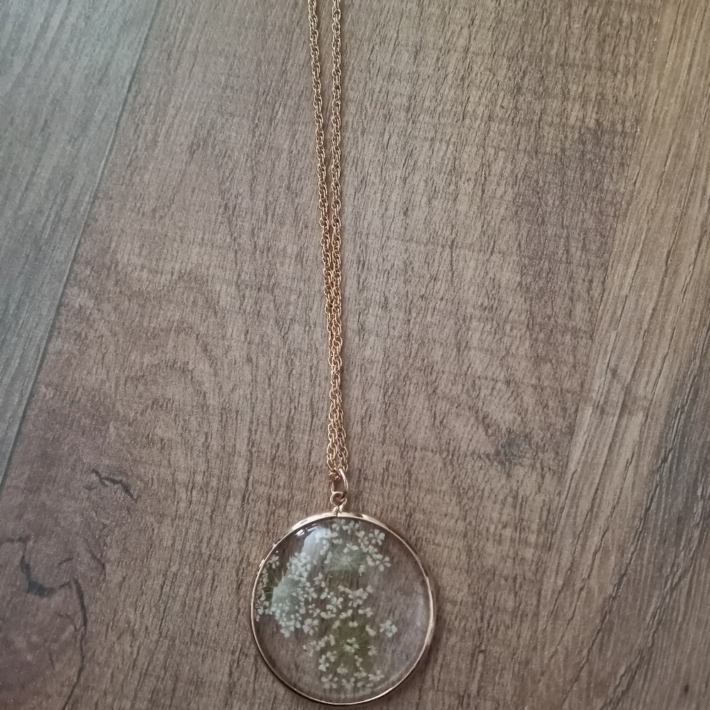 Long chain pressed flowers necklace